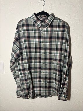 Van Heusen Men's Gray Plaid Button Down Dress Shirt with Green and Navy Accents
